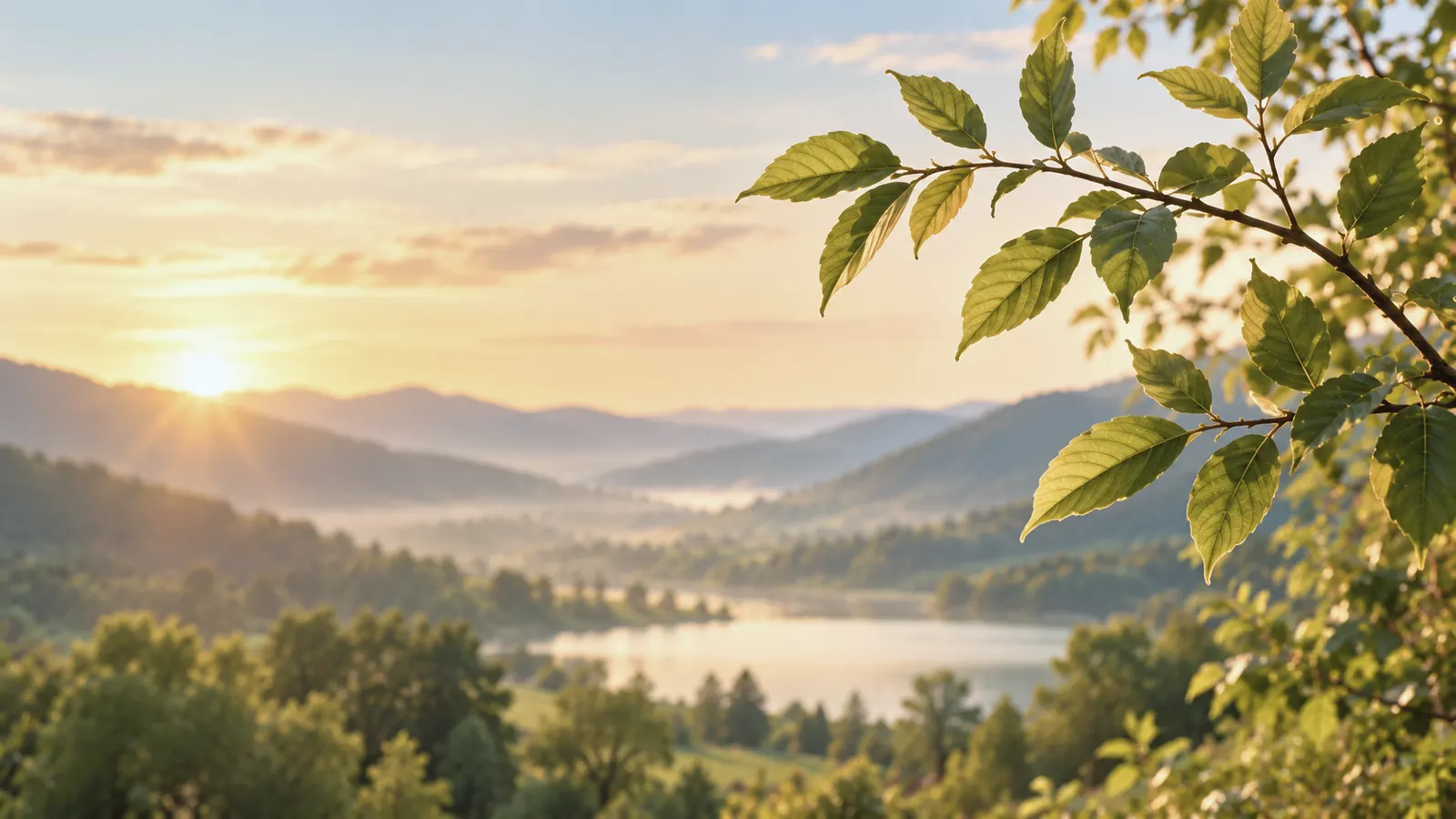 Sunlit leaves over a peaceful valley at sunrise